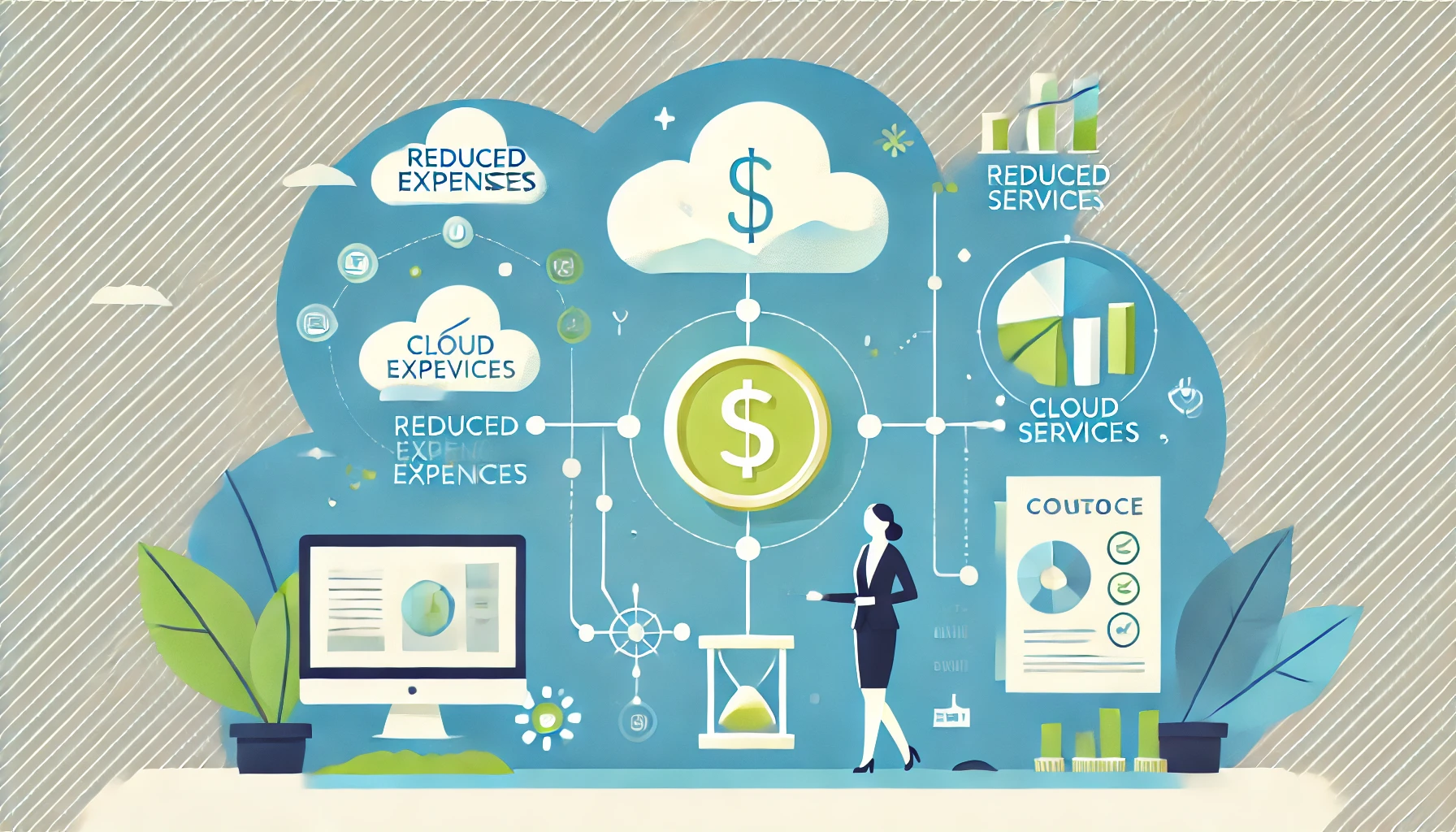 A bright and simple illustration representing the cost-efficiency of outsourcing IT, with icons showing reduced expenses, cloud services, and simplified IT management. 
